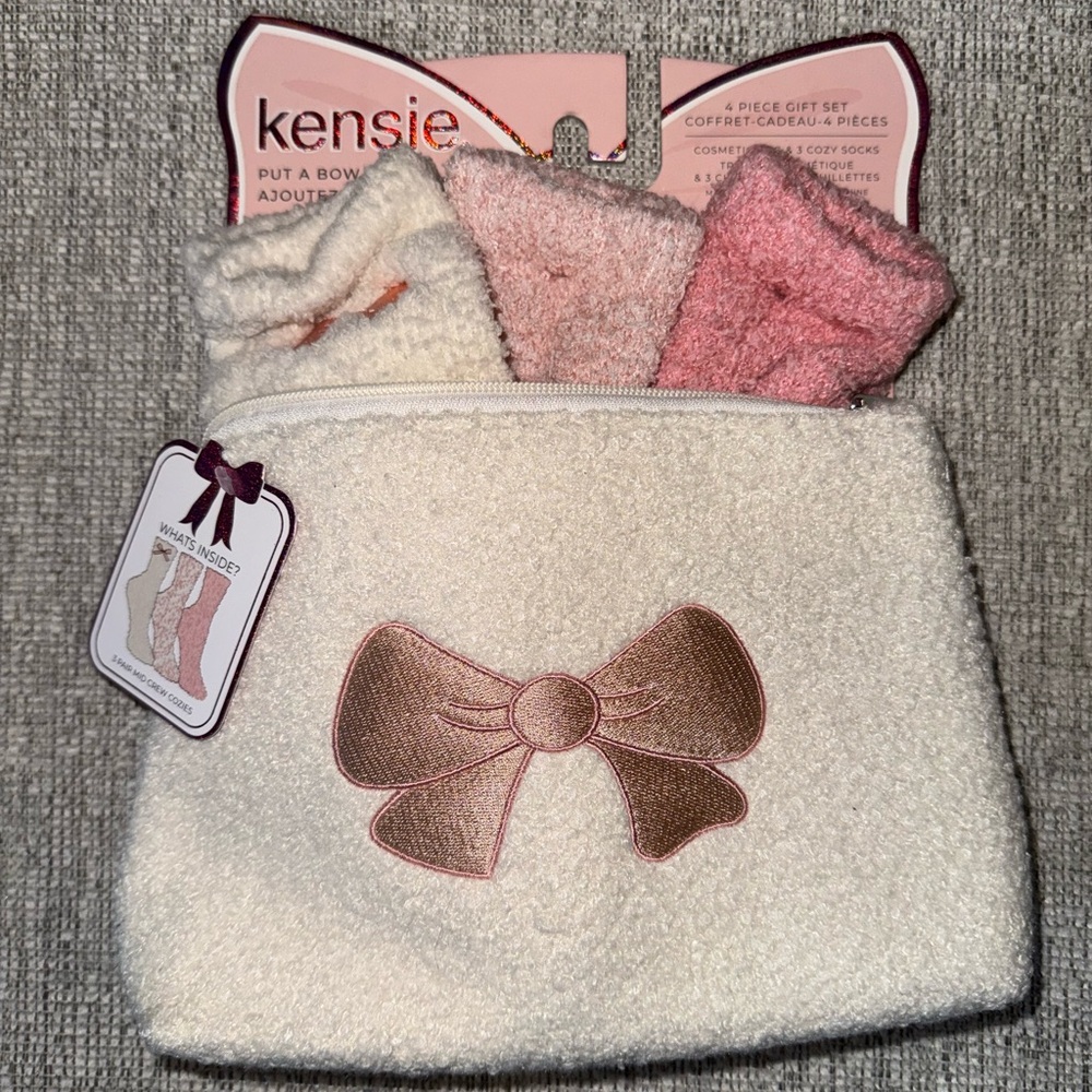 Kensie Kids Cream Cosmetic Pouch with Pink Bow & Cozy Sock Set